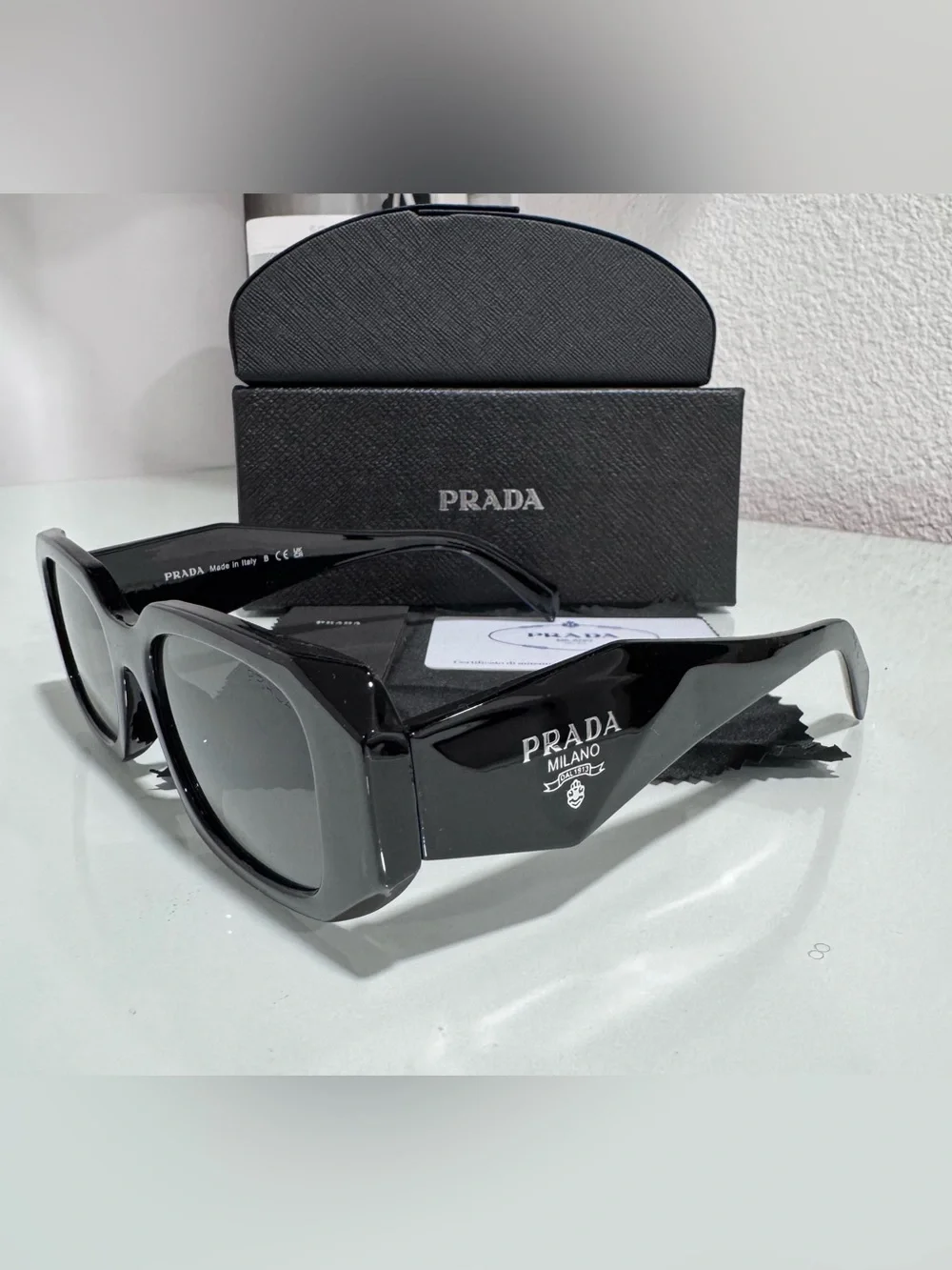 Prada Glossy Black Logo Sunglasses with Case